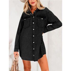 Chest‎ Pocket Raw Hem Denim Loose Shirt Dress